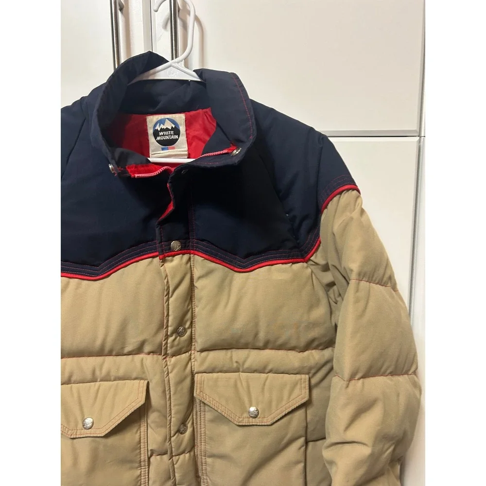 Vintage White Mountain Puffer Jacket Made in USA Tan Navy Blue Western Yoke XL